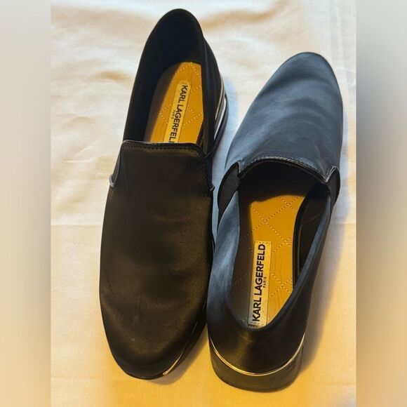KARL LAGERFELD women 9.5 Black Satin wedge Loafers gold accentst - Picture 2 of 7